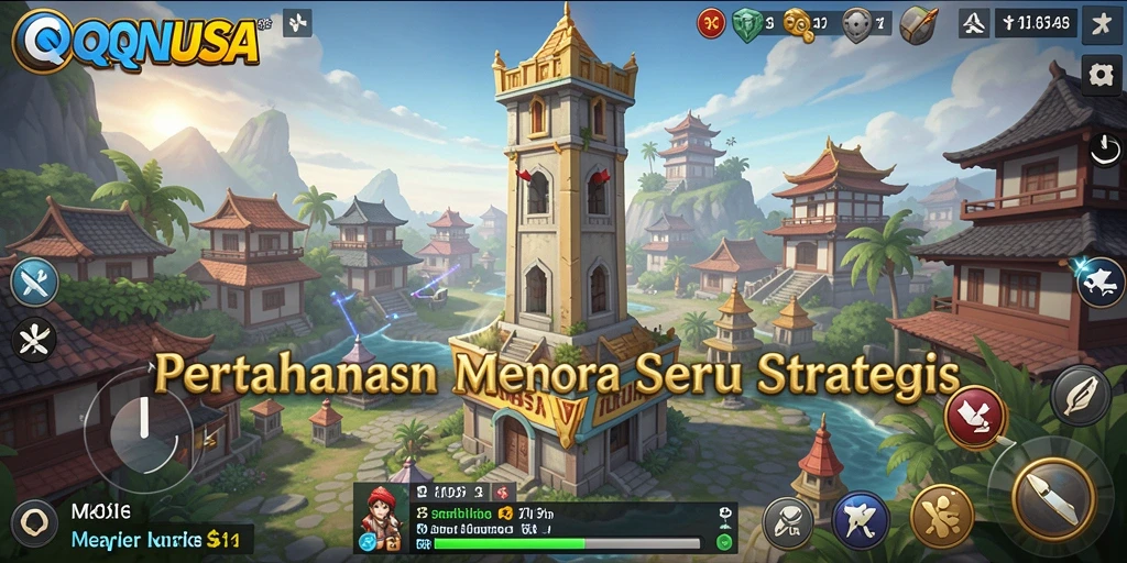 Tampilan utama gameplay QQNUSA menampilkan pertarungan menara melawan gelombang musuh.